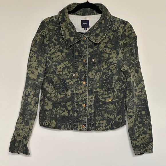 GAP Jackets & Blazers - Gap Womens Floral Camo‎ Utility Jacket Green Black Canvas Snap Front XS